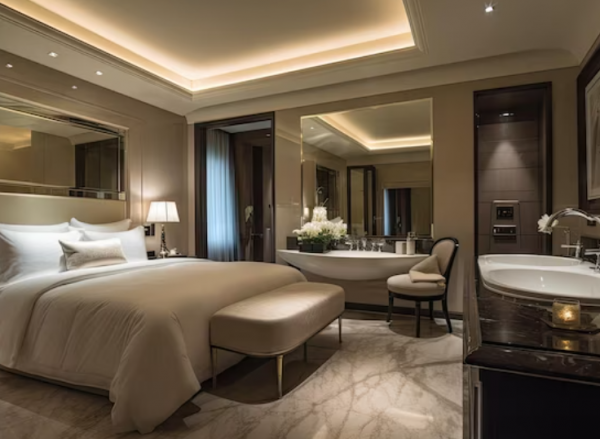 Kamar dengan kamar mandi marmer yang mewah